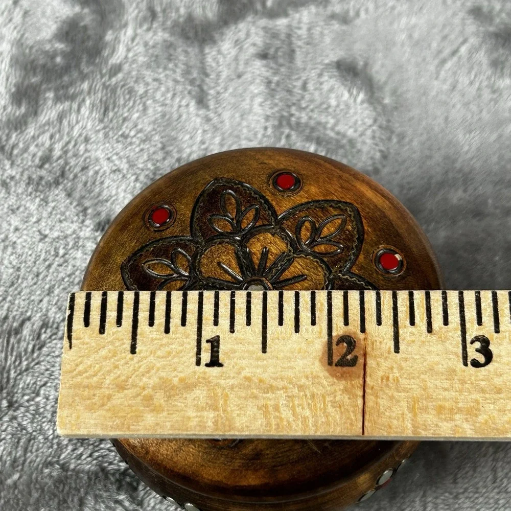 Vintage Hand Carved Wooden Trinket Box Round Floral Relief Lid Rustic Jewelry...